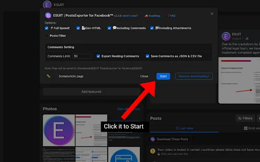 ESUIT Facebook Posts Exporter डाउनलोड करें – डेटा एक्सपोर्ट टूल - Screenshot 1