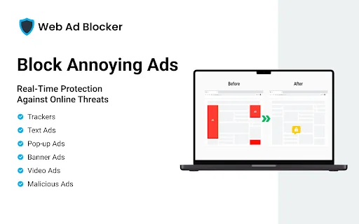Web Ad Blocker डाउनलोड करें – विज्ञापनों और ट्रैकर्स को ब्लॉक करें - Screenshot 1