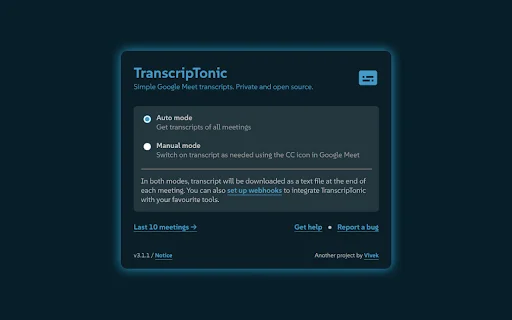 TranscripTonic डाउनलोड करें – Google Meet के लिए मुफ्त ट्रांसक्रिप्ट टूल - Screenshot 1